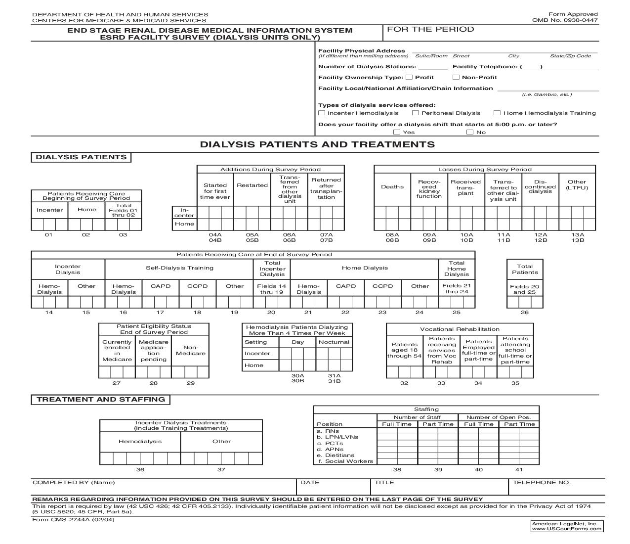 End Stage Renal Disease Medical Information System ESRD Facility Survey (Dialysis Units Only) {CMS-2744A} | Pdf Fpdf Doc Docx | Official Federal Forms