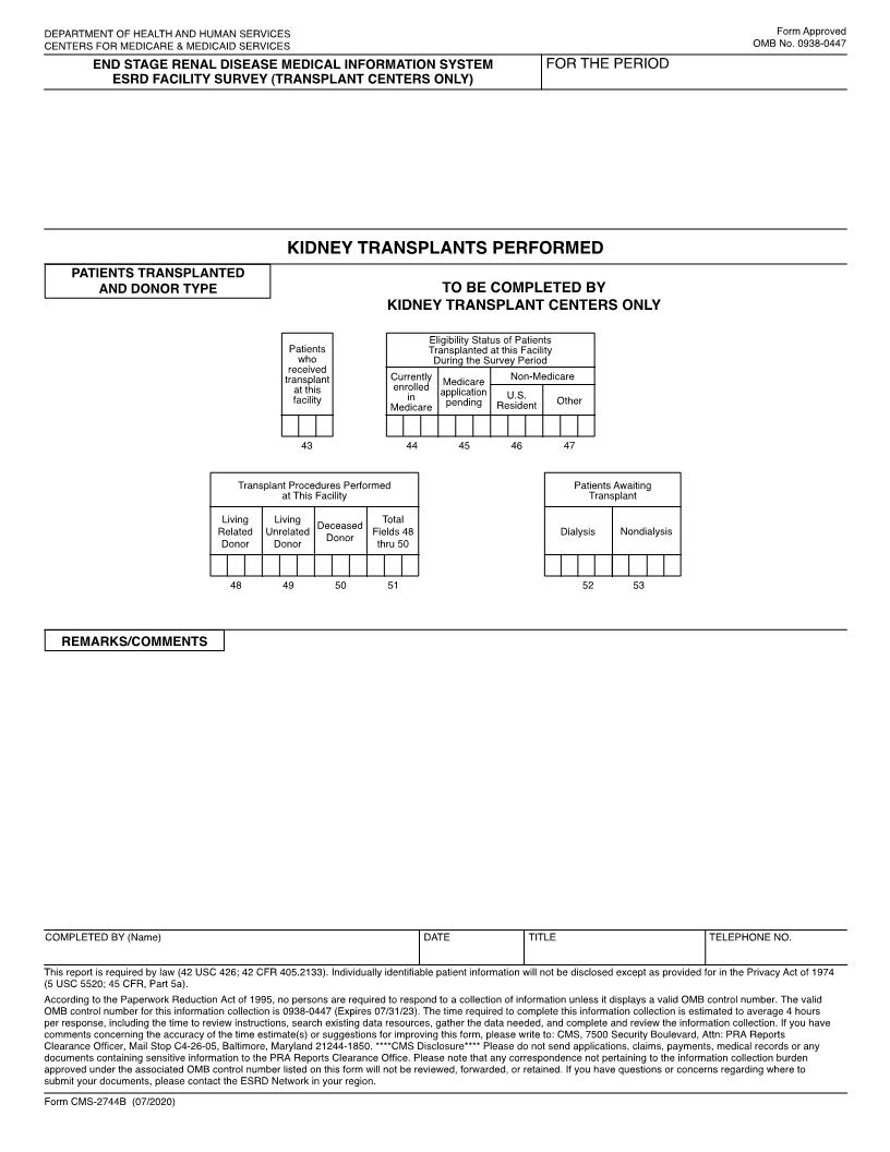 End Stage Renal Disease Medical Information System ESRD Facility Survey (Transplant Centers Only) {CMS-2744B} | Pdf Fpdf Doc Docx | Official Federal Forms