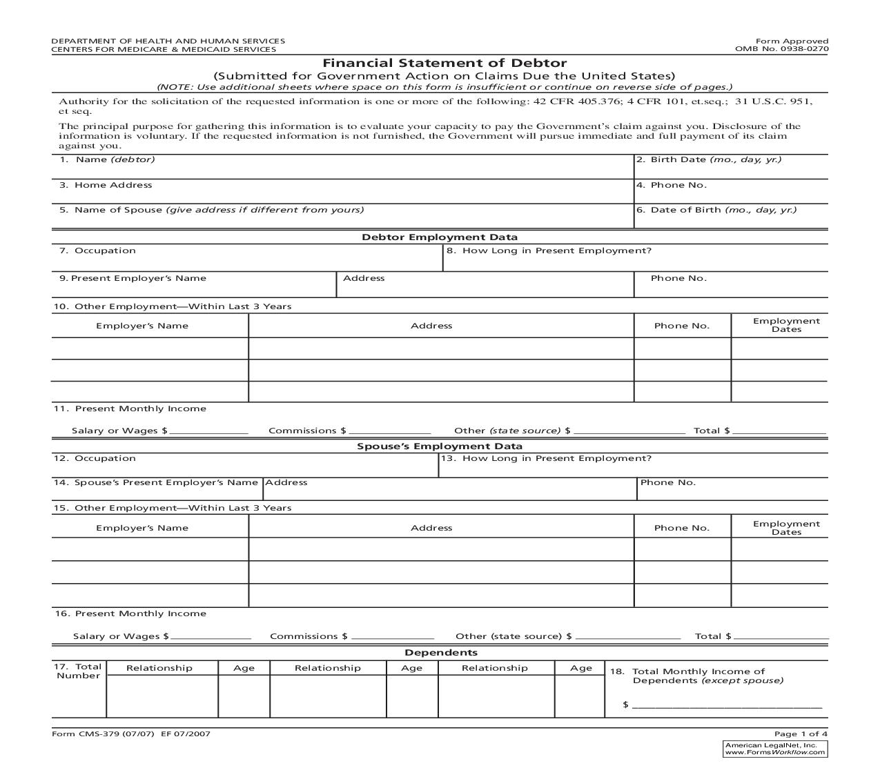 Financial Statement Of Debtor {CMS-379} | Pdf Fpdf Doc Docx | Official Federal Forms