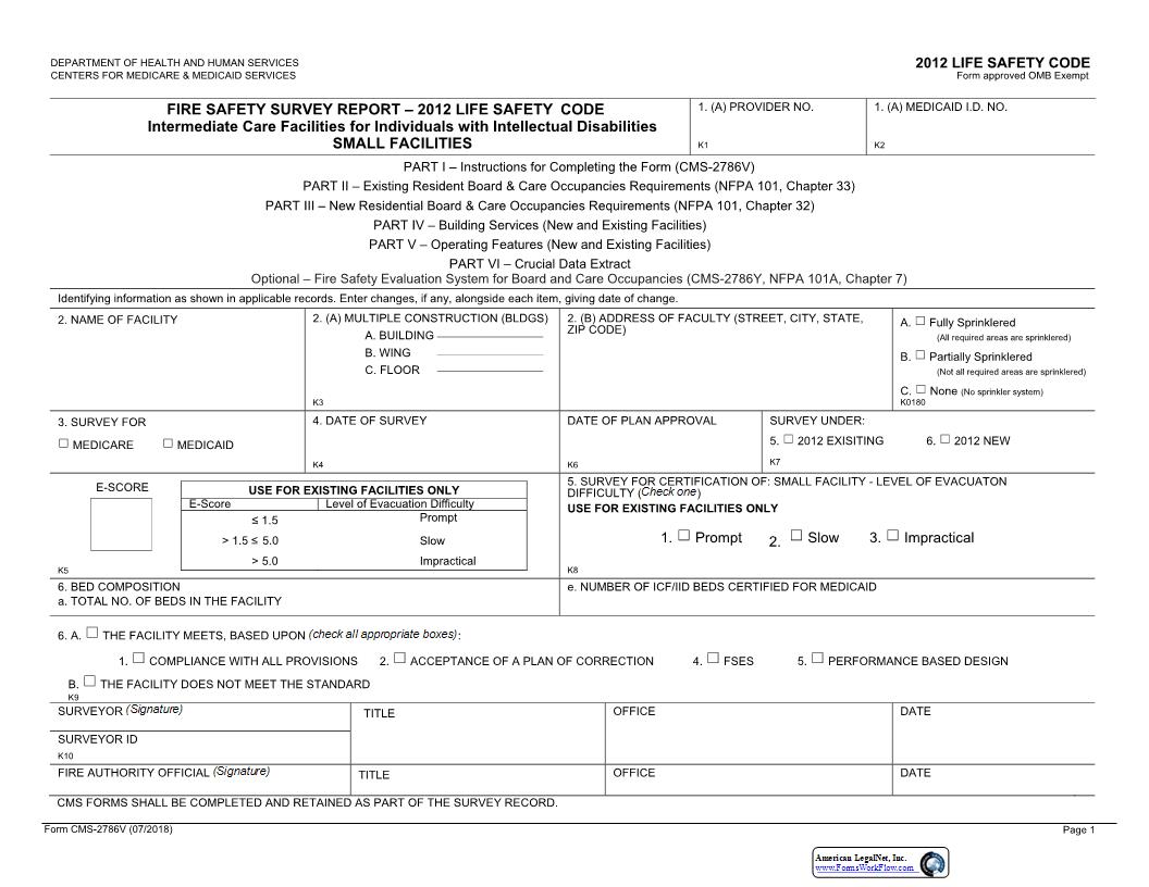 Fire Safety Survey Report 2012 Life Safety Code Intermediate Care {CMS-2786V} | Pdf Fpdf Docx | Official Federal Forms