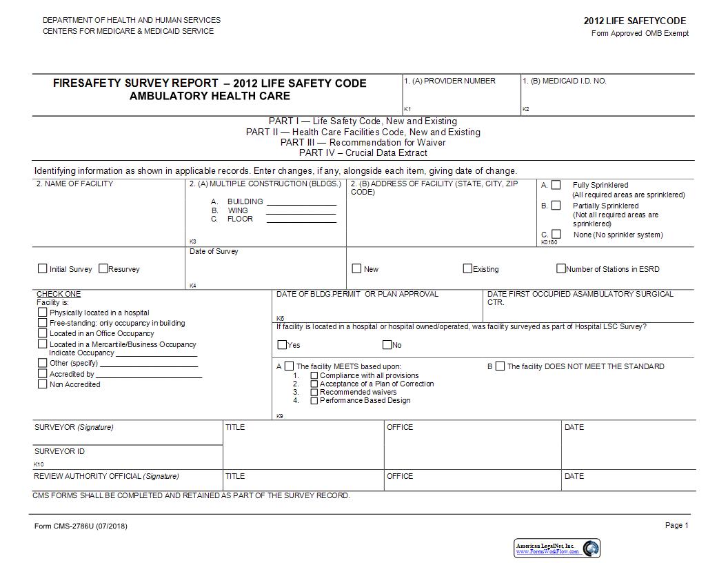 Fire Safety Survey Report Abulatory Surgical Centers Medicare {CMS-2786U} | Pdf Fpdf Docx | Official Federal Forms