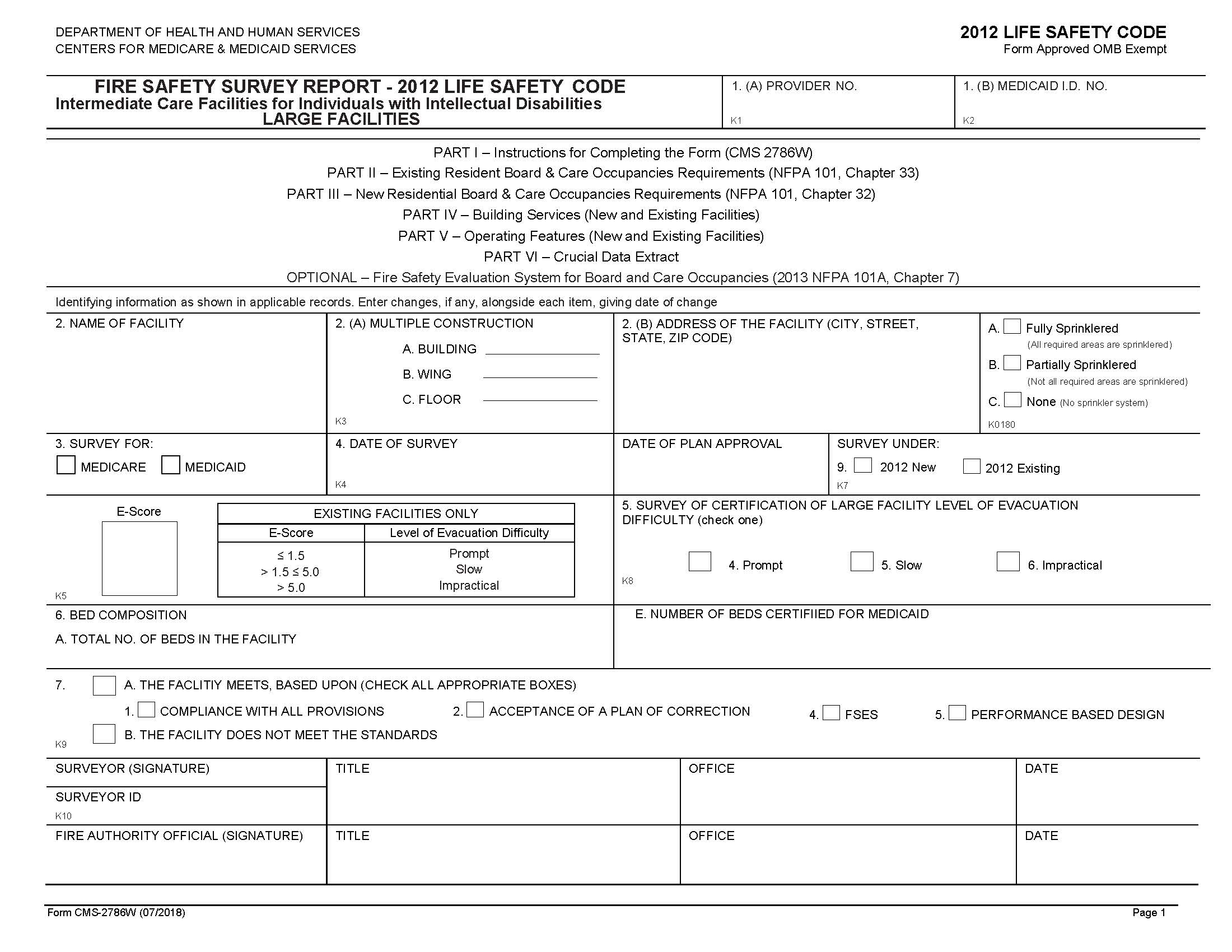 Fire Safety Survey Report-ICF-IID (Large Facilities) 2012 Life Safety Code {CMS-2786W} | Pdf Fpdf Docx | Official Federal Forms