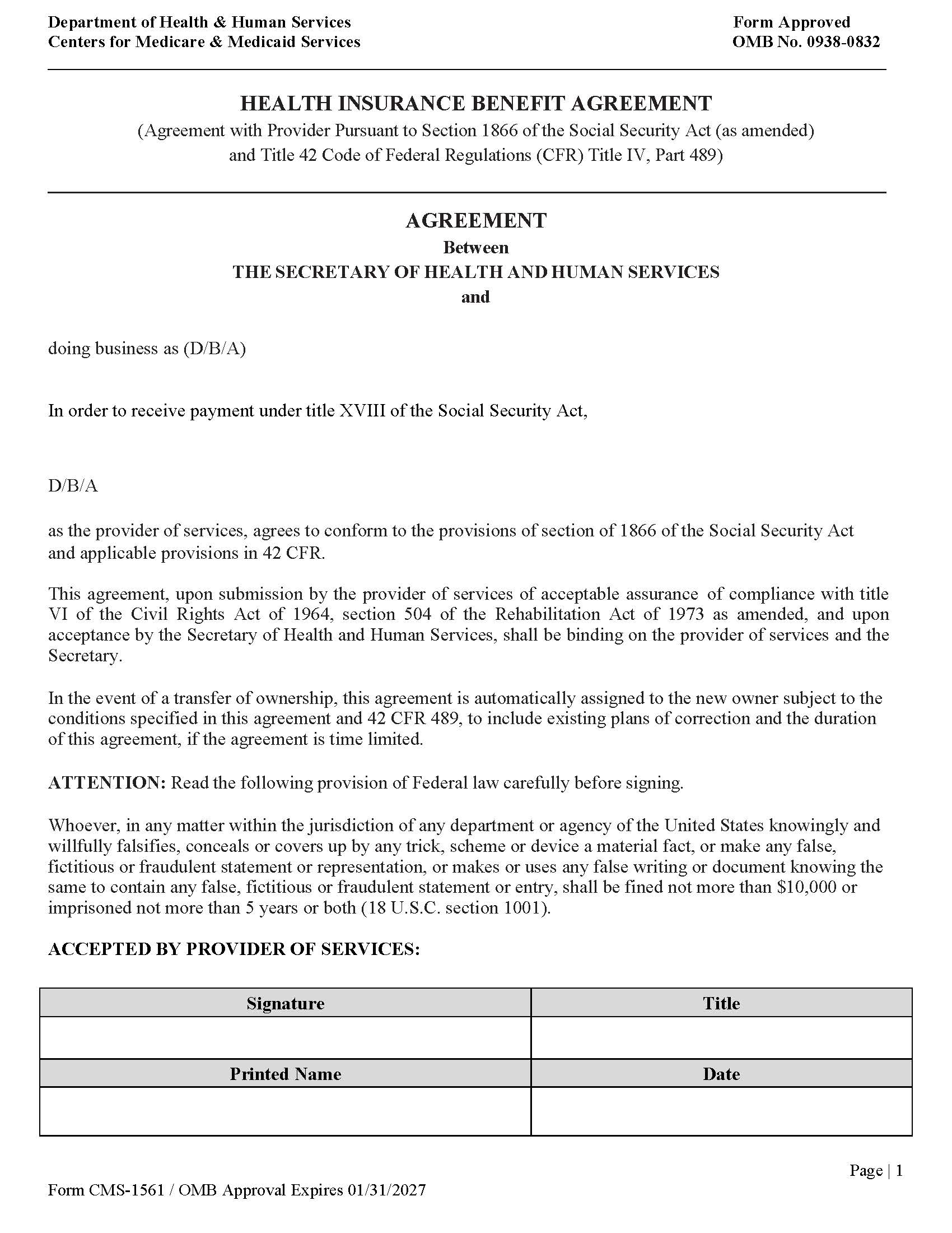Health Insurance Benefit Agreement {CMS-1561} | Pdf Fpdf Doc Docx | Official Federal Forms