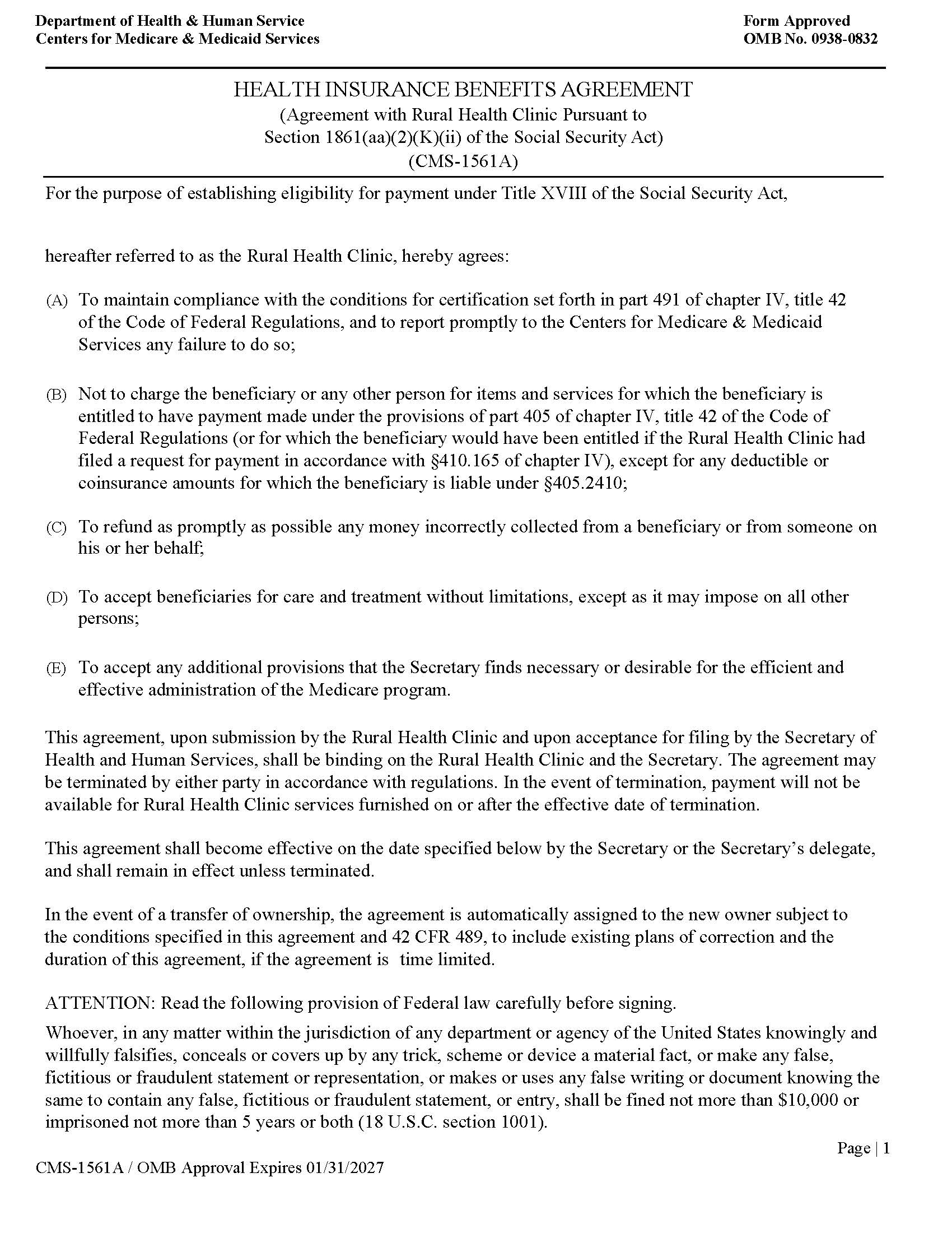 Health Insurance Benefits Agreement {CMS-1561A} | Pdf Fpdf Doc Docx | Official Federal Forms