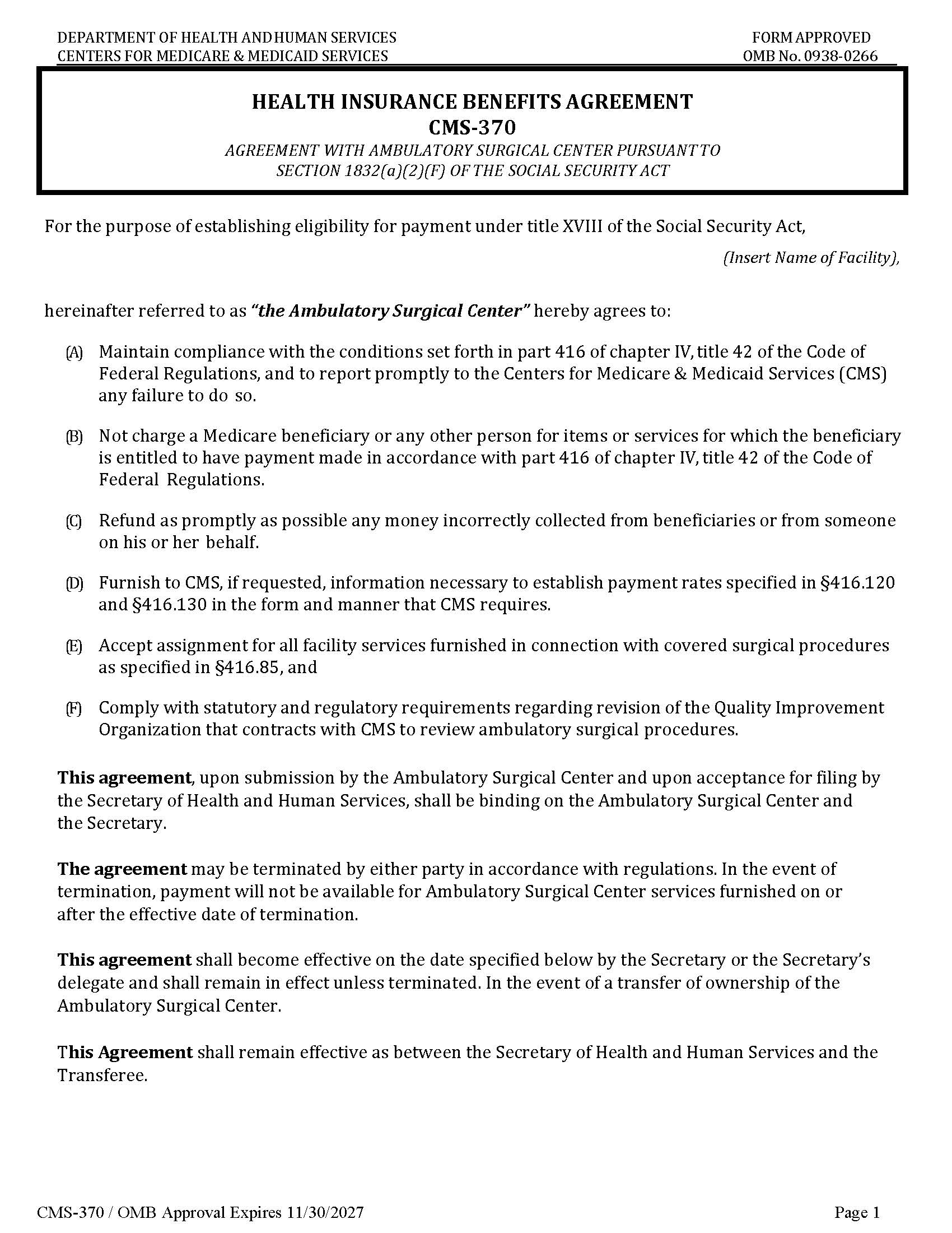 Health Insurance Benefits Agreement {CMS-370} | Pdf Fpdf Doc Docx | Official Federal Forms