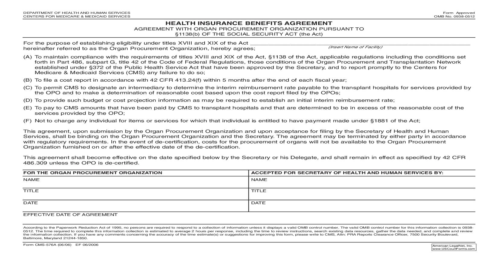 Health Insurance Benefits Agreement With Organ Procurement Organization Pusuant To 1138(b) {CMS-576A} | Pdf Fpdf Doc Docx | Official Federal Forms