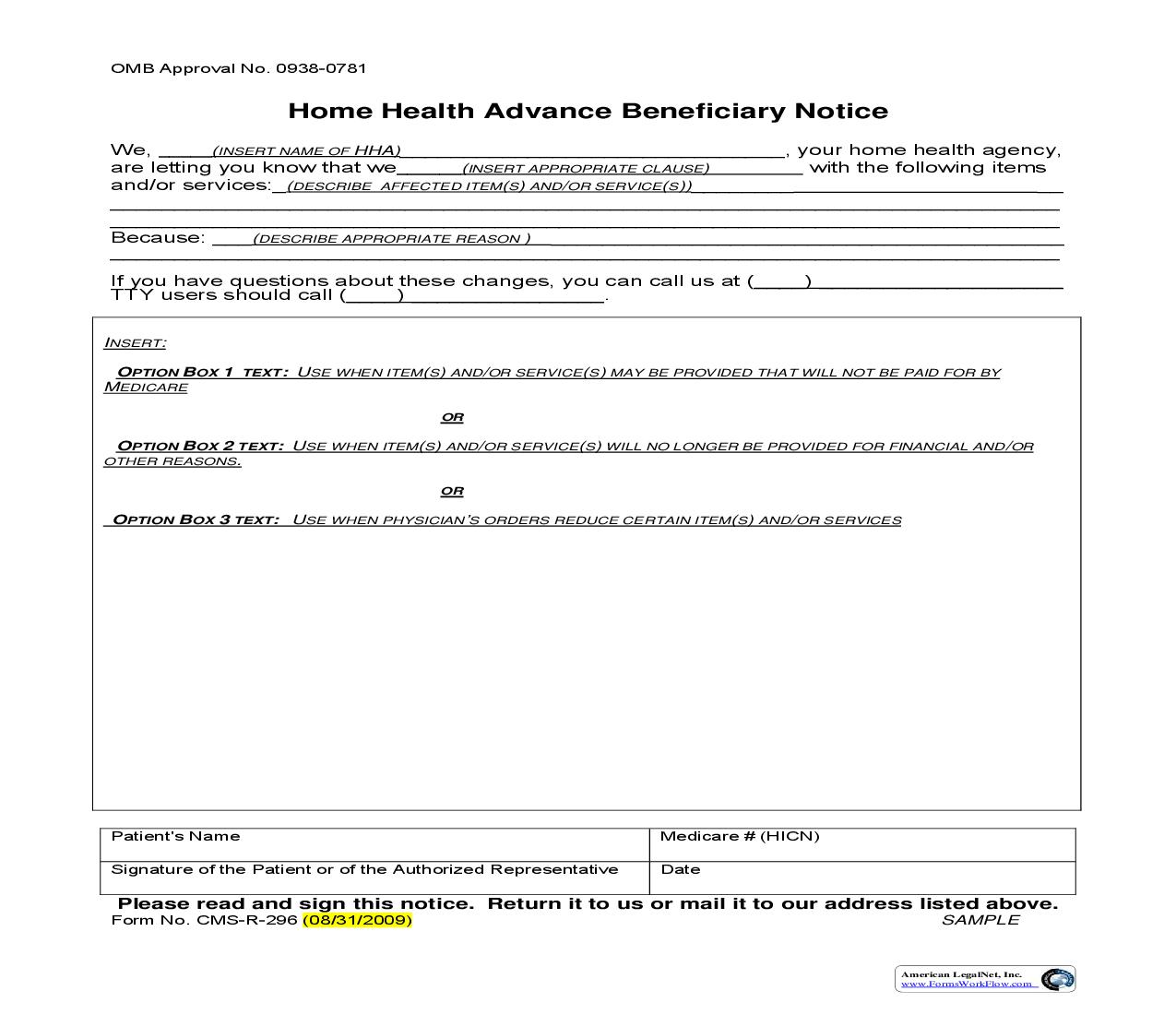 Home Health Advance Beneficiary Notice {CMS-R-296} | Pdf Fpdf Doc Docx | Official Federal Forms