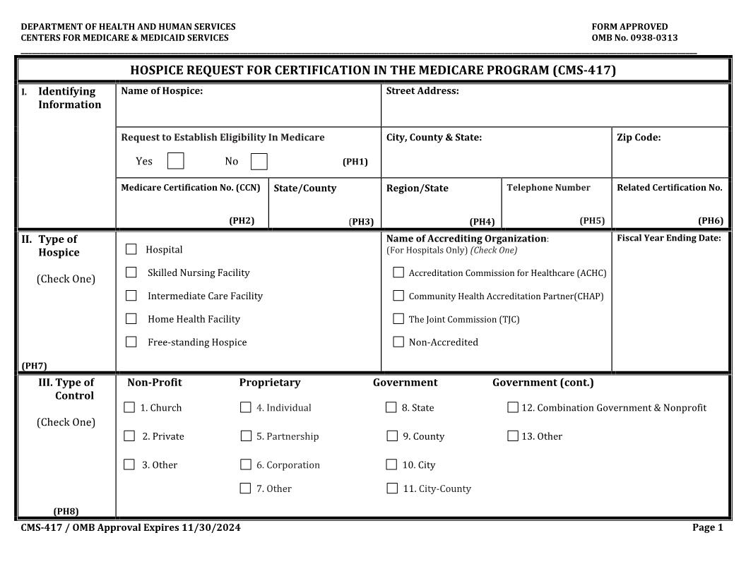Hospice Request For Certification In The Medicare Program {CMS-417} | Pdf Fpdf Doc Docx | Official Federal Forms