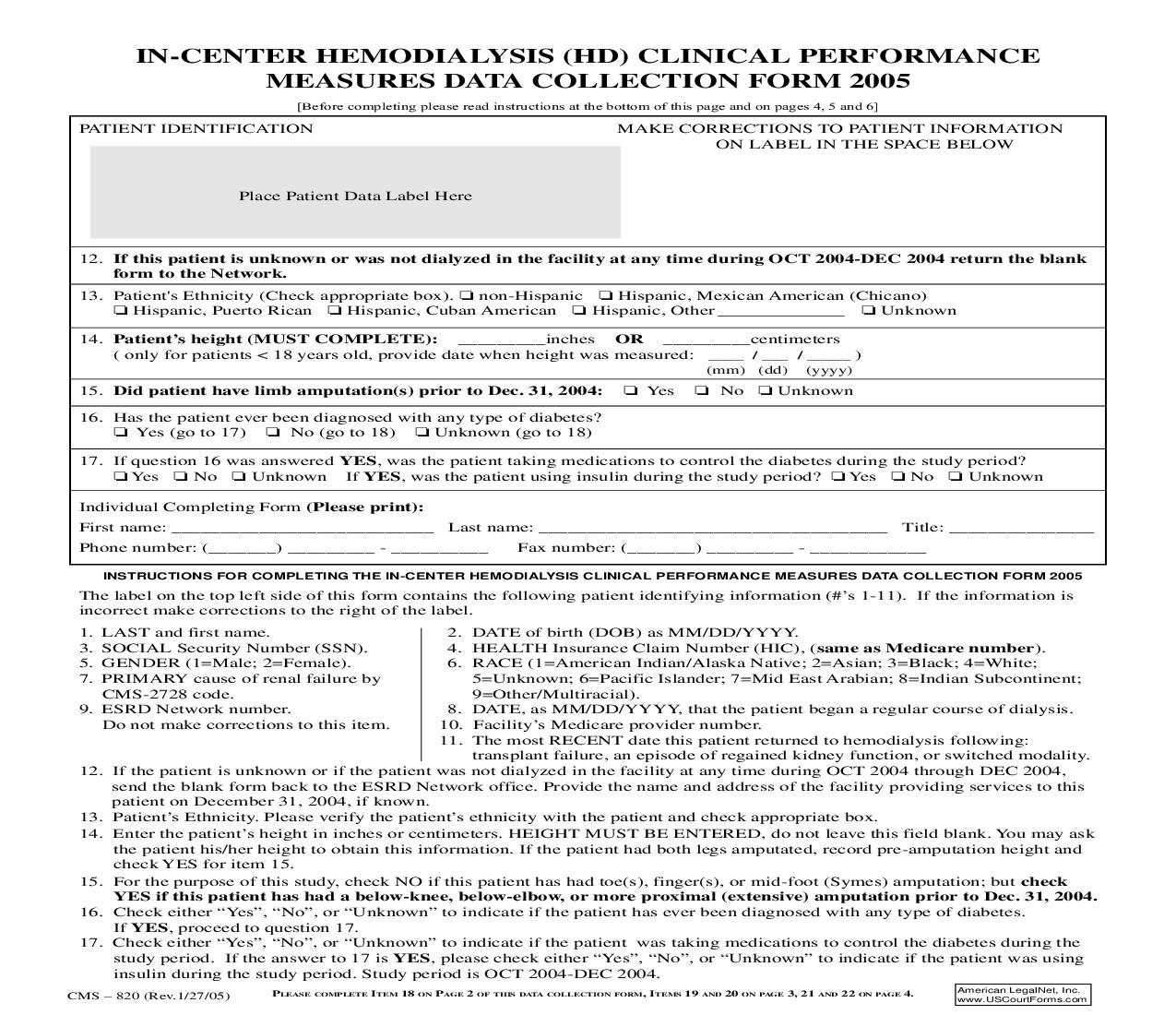 In-Center Hemodialysis (HD) Clinical Performance Measures Data Collection Form 2005 {CMS-820} | Pdf Fpdf Doc Docx | Official Federal Forms