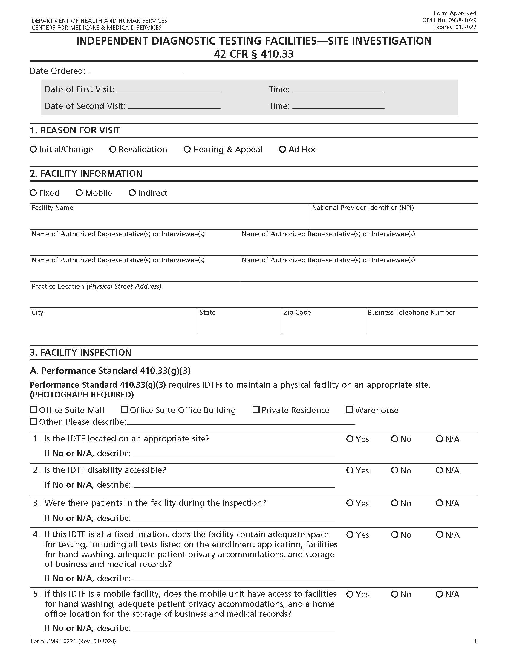 Independent Diagnostic Testing Facilities-Site Investigation {CMS-10221} | Pdf Fpdf Doc Docx | Official Federal Forms