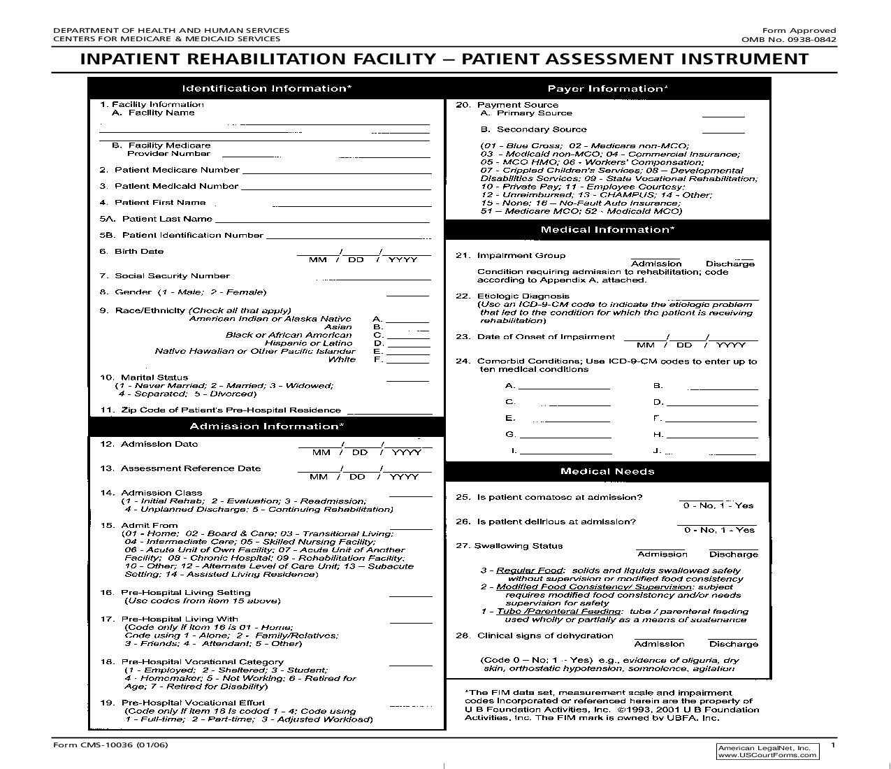 Inpatient Rehabilitation Facility-Patient Assessment Instrument {CMS-10036} | Pdf Fpdf Doc Docx | Official Federal Forms