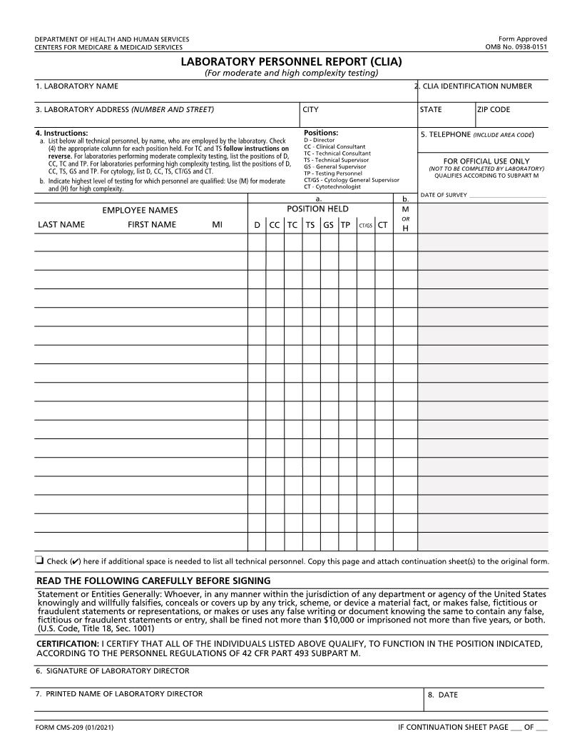 Laboratory Personnel Report (CLIA) {CMS-209} | Pdf Fpdf Docx | Official Federal Forms