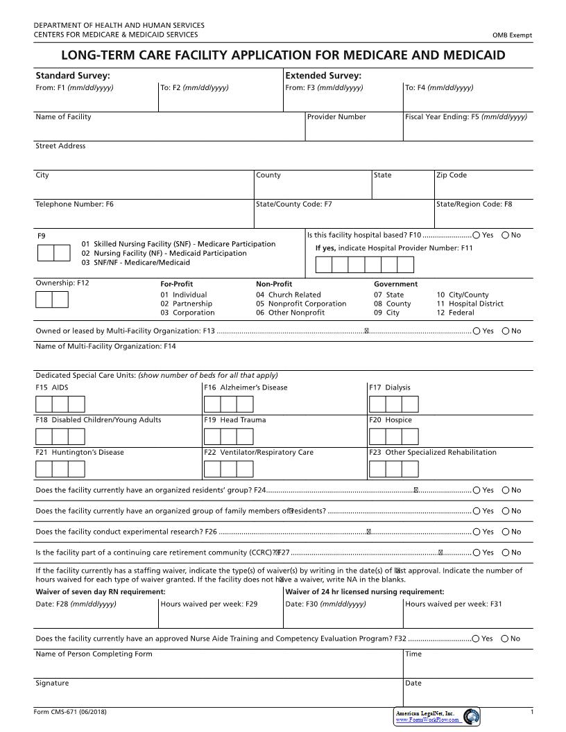 Long Term Care Facility Application For Medicare And Medicaid {CMS 671} | Pdf Fpdf Docx | Official Federal Forms