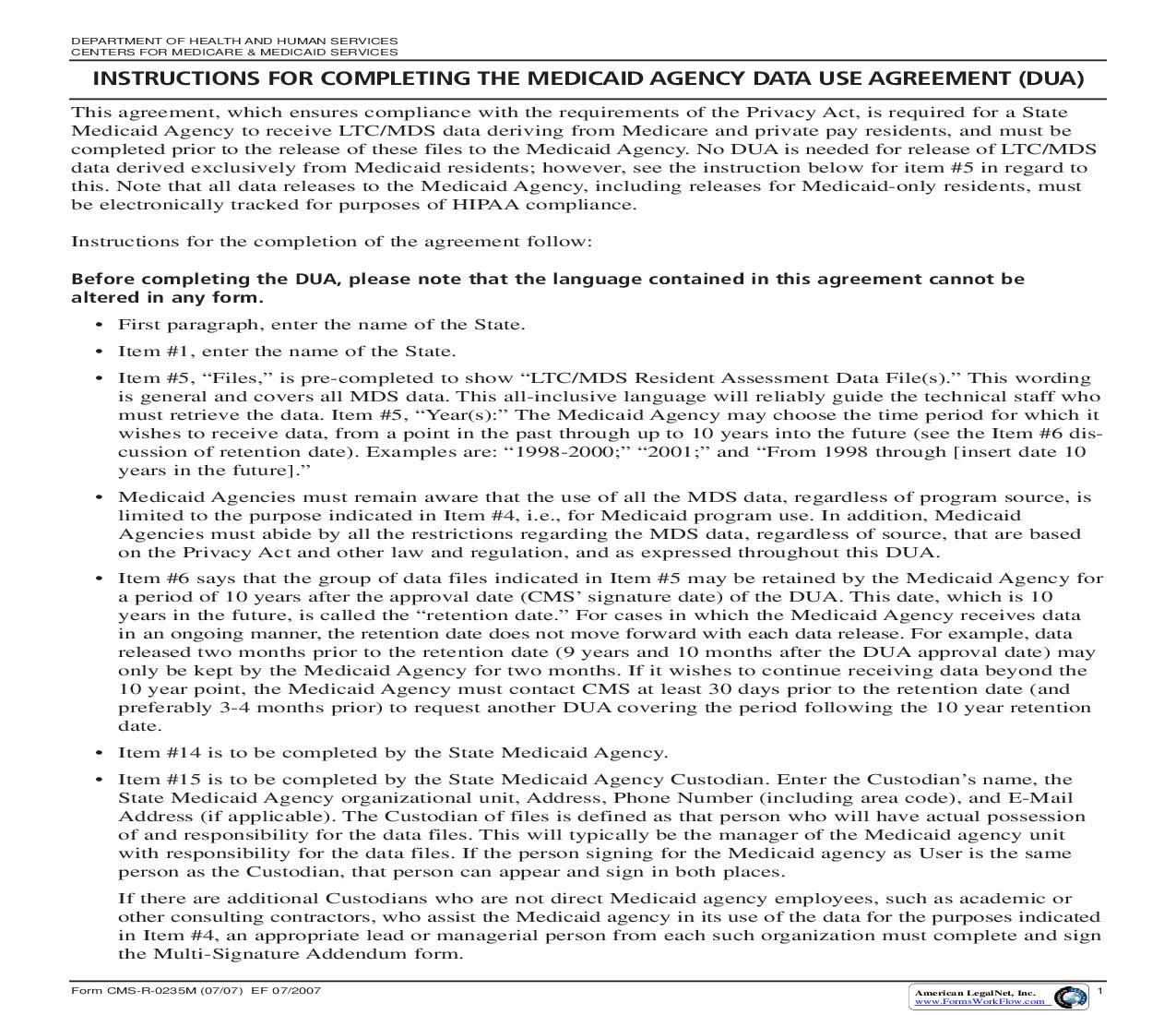 Medicaid Agency Data Use Agreement {CMS-R-0235M} | Pdf Fpdf Doc Docx | Official Federal Forms