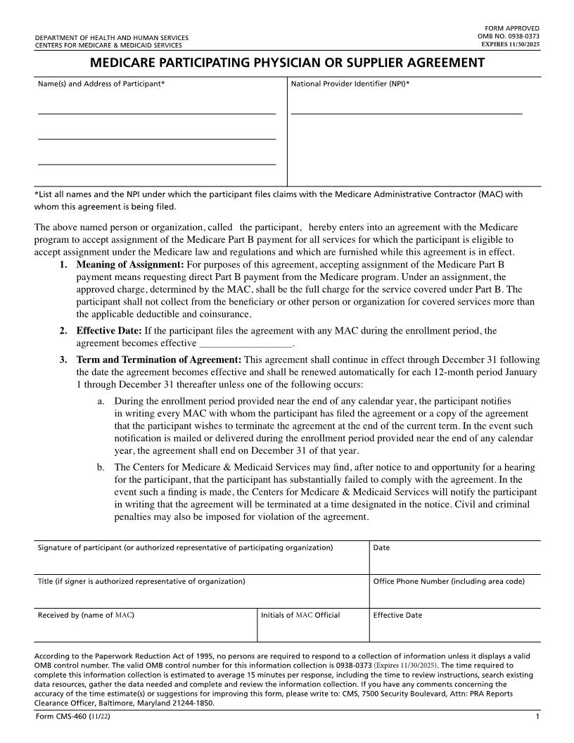 Medicare Participating Physician Or Supplier Agreement {CMS-460} | Pdf Fpdf Docx | Official Federal Forms