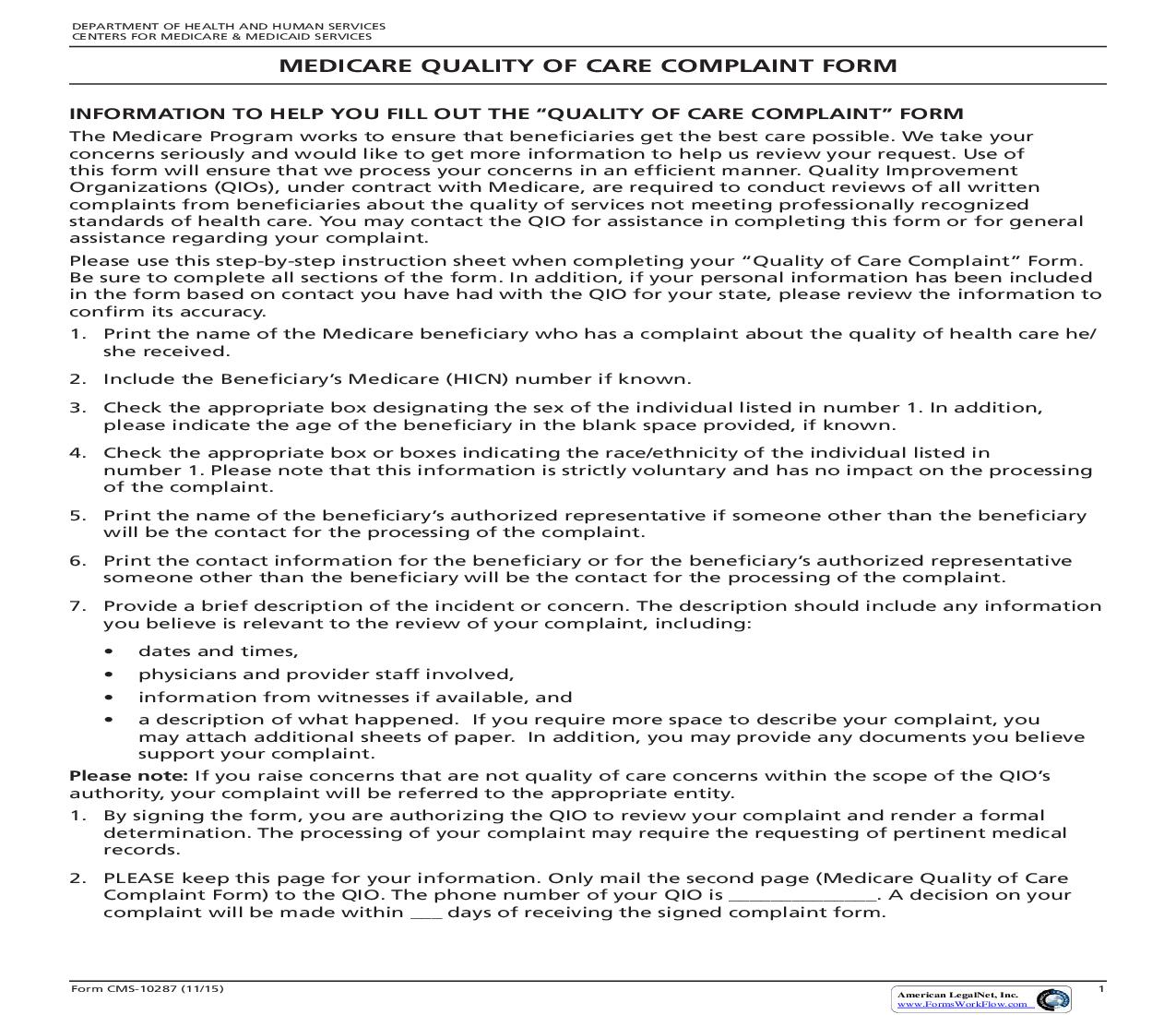 Medicare Quality Of Care Complaint Form {CMS-10287} | Pdf Fpdf Doc Docx | Official Federal Forms