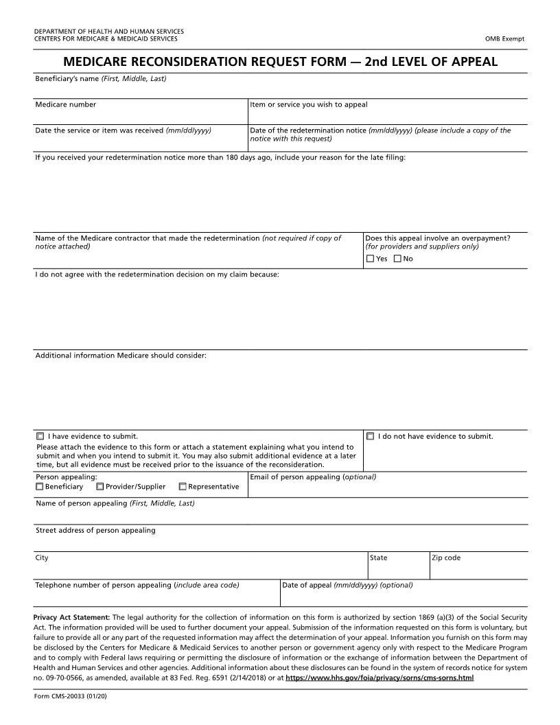 Medicare Reconsideration Request Form {CMS-20033} | Pdf Fpdf Doc Docx | Official Federal Forms