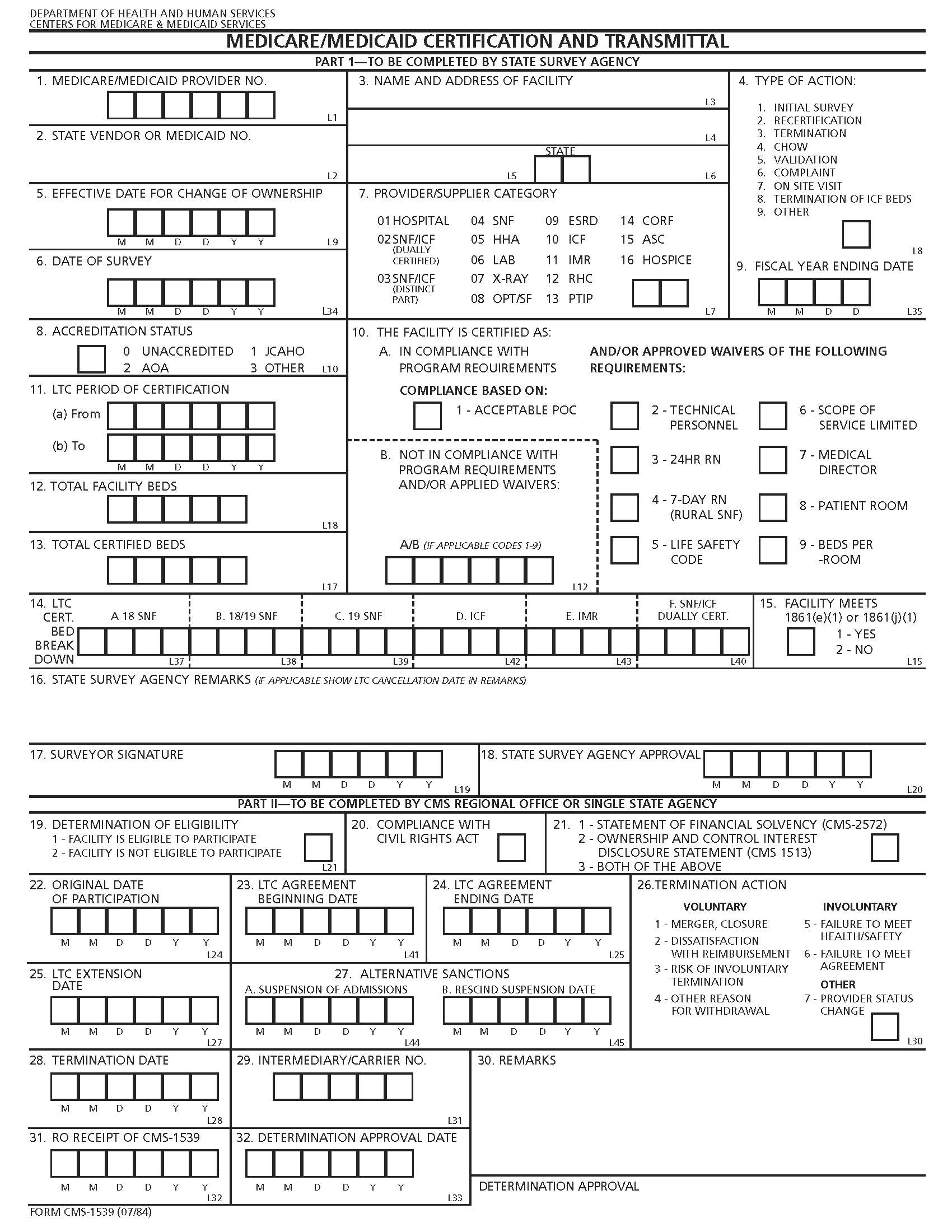 Medicare-Medicaid Certification And Transmittal {CMS-1539} | Pdf Fpdf Docx | Official Federal Forms