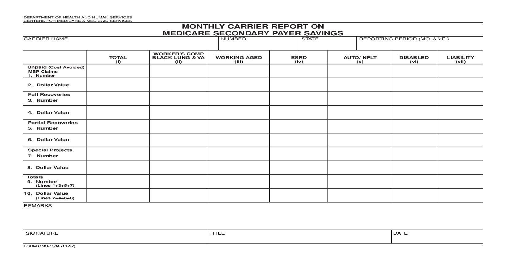 Monthly Carrier Report On Medicare Secondary Payer Savings {CMS-1564} | Pdf Fpdf Doc Docx | Official Federal Forms
