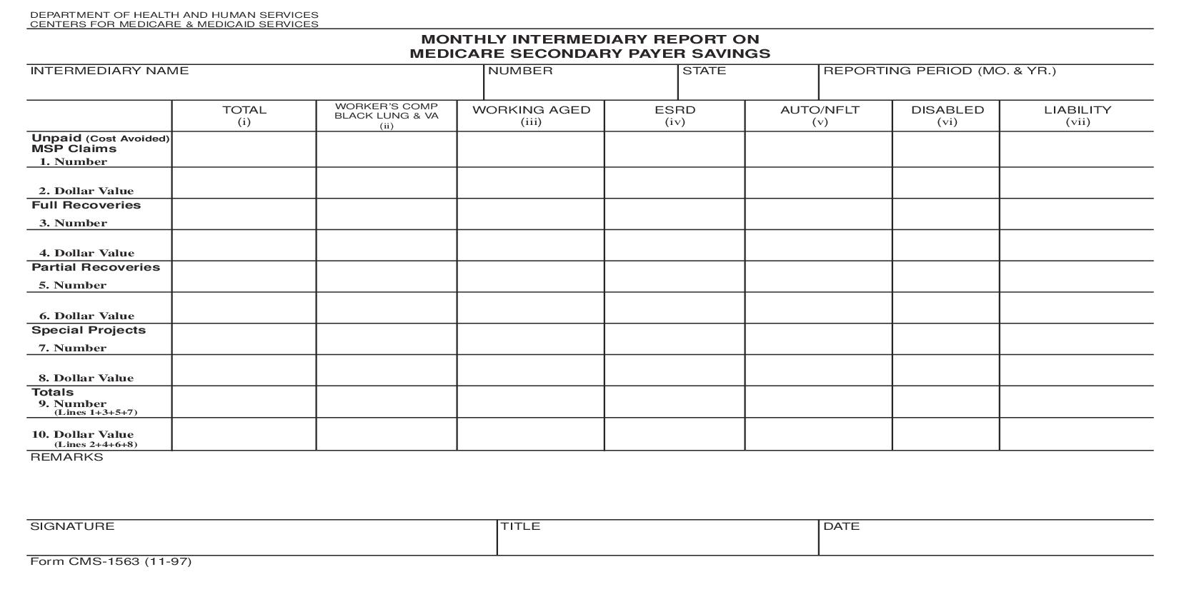 Monthly Intermediary Report On Medicare Secondary Payer Savings {CMS-1563} | Pdf Fpdf Doc Docx | Official Federal Forms