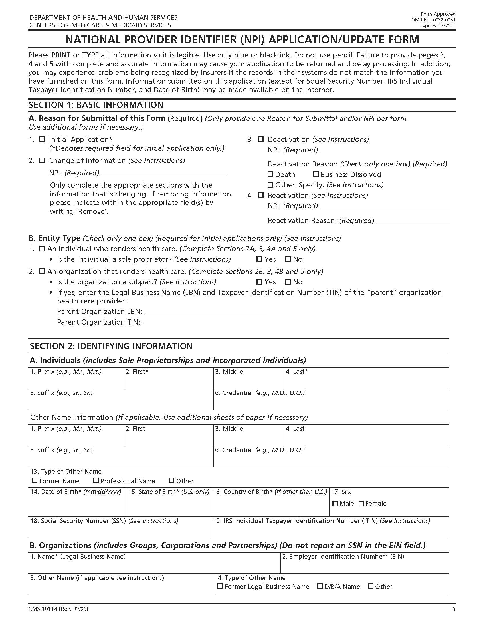 National Provider Identifier (NPI) Application-Update Form {CMS-10114} | Pdf Fpdf Docx | Official Federal Forms