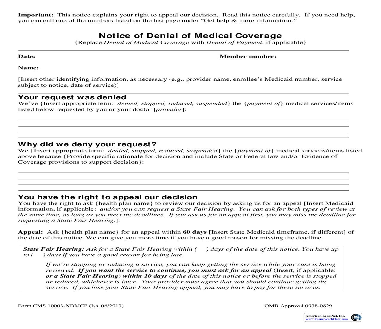 Notice Of Denial Of Medical Coverage {CMS-10003-NDMC} | Pdf Fpdf Doc Docx | Official Federal Forms