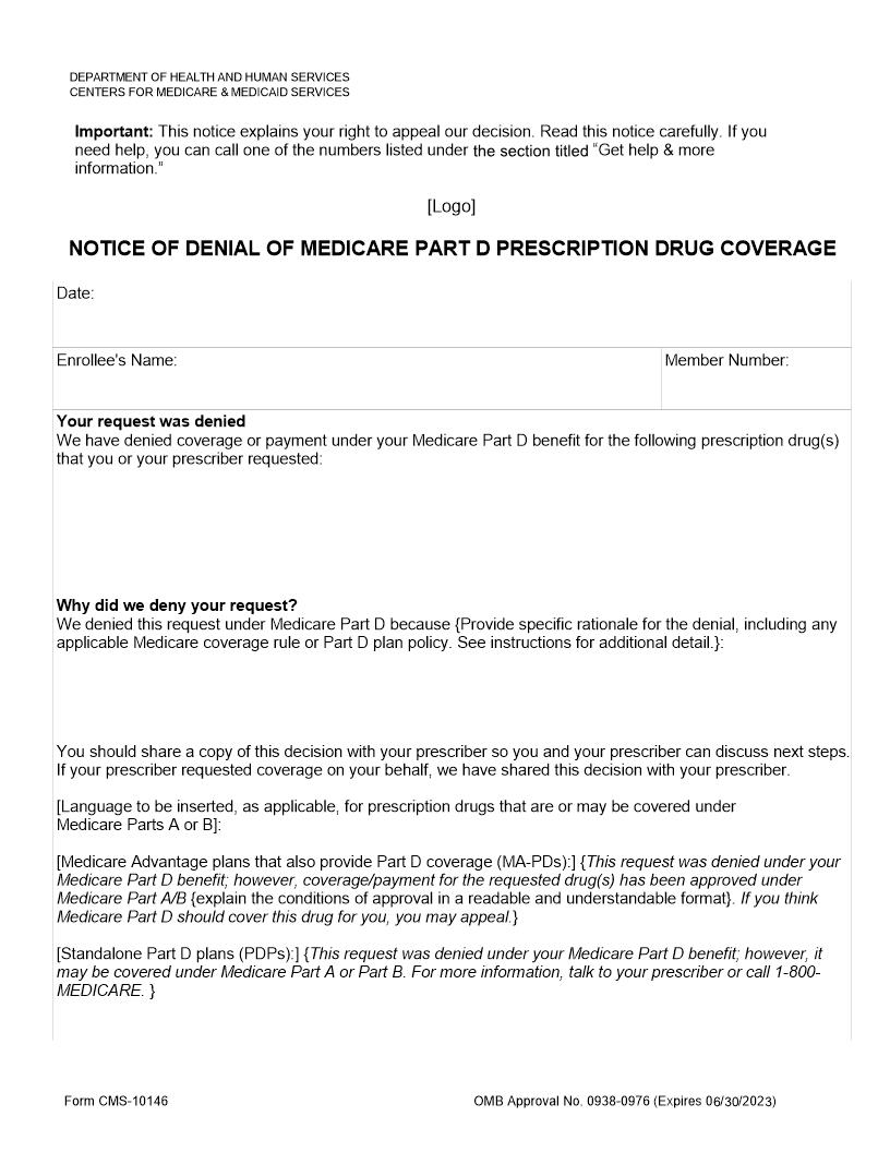 Notice Of Denial Of Medicare Prescription Drug Coverage {CMS-10146} | Pdf Fpdf Doc Docx | Official Federal Forms