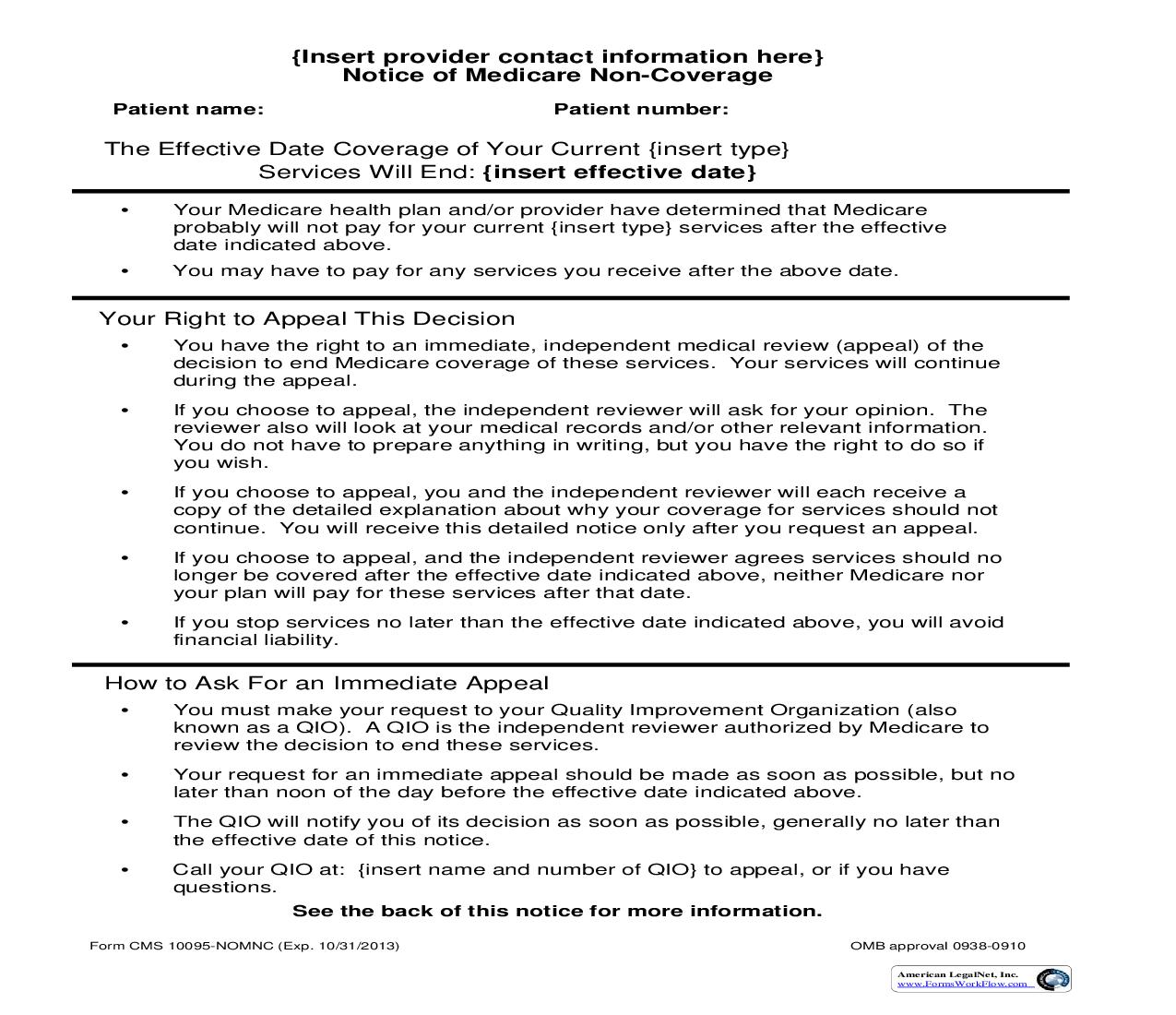 Notice Of Medicare Non-Coverage {CMS-10095} | Pdf Fpdf Doc Docx | Official Federal Forms