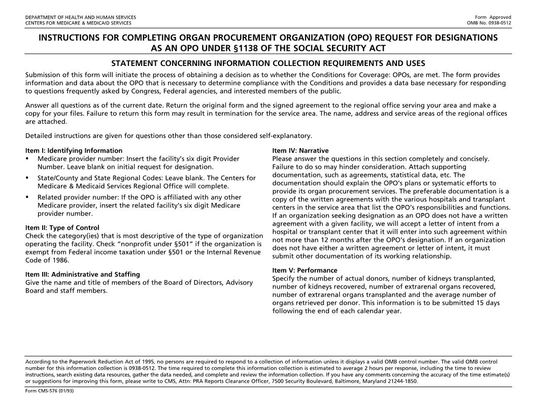 Organ Procurement Organization (OPO) Request For Designation As An OPO {CMS-576} | Pdf Fpdf Docx | Official Federal Forms