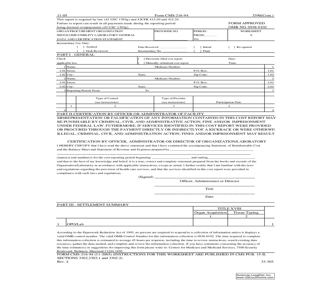 Organ Procurement Organization Histocompatibility Laboratory General Data And Certification Statement {CMS-216} | Pdf Fpdf Doc Docx | Official Federal Forms
