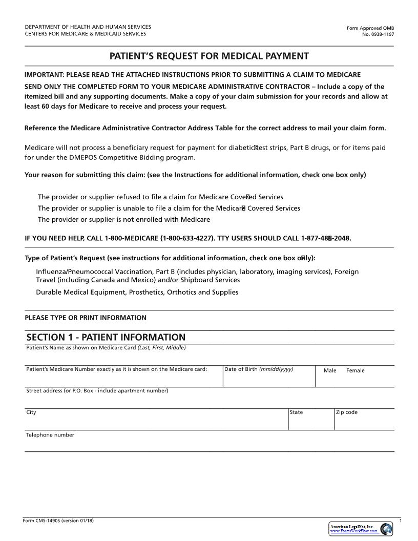 Patients Request For Medical Payment {CMS-1490S} | Pdf Fpdf Docx | Official Federal Forms