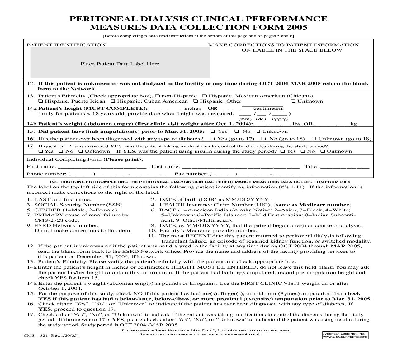 Peritoneal Dialysis Clinical Performance Measures Data Collection Form 2005 {CMS-821} | Pdf Fpdf Doc Docx | Official Federal Forms