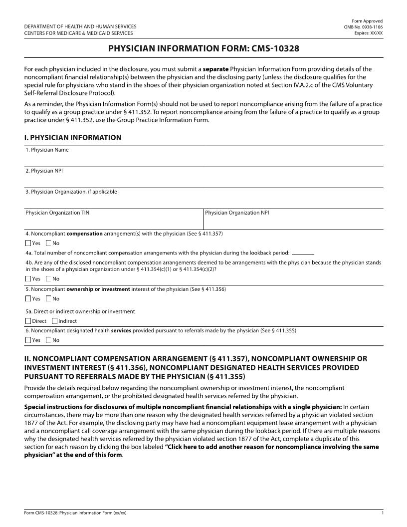Physician-Information (Medicare Self-Referral Disclosure Protocol) {CMS-10328} | Pdf Fpdf Docx | Official Federal Forms