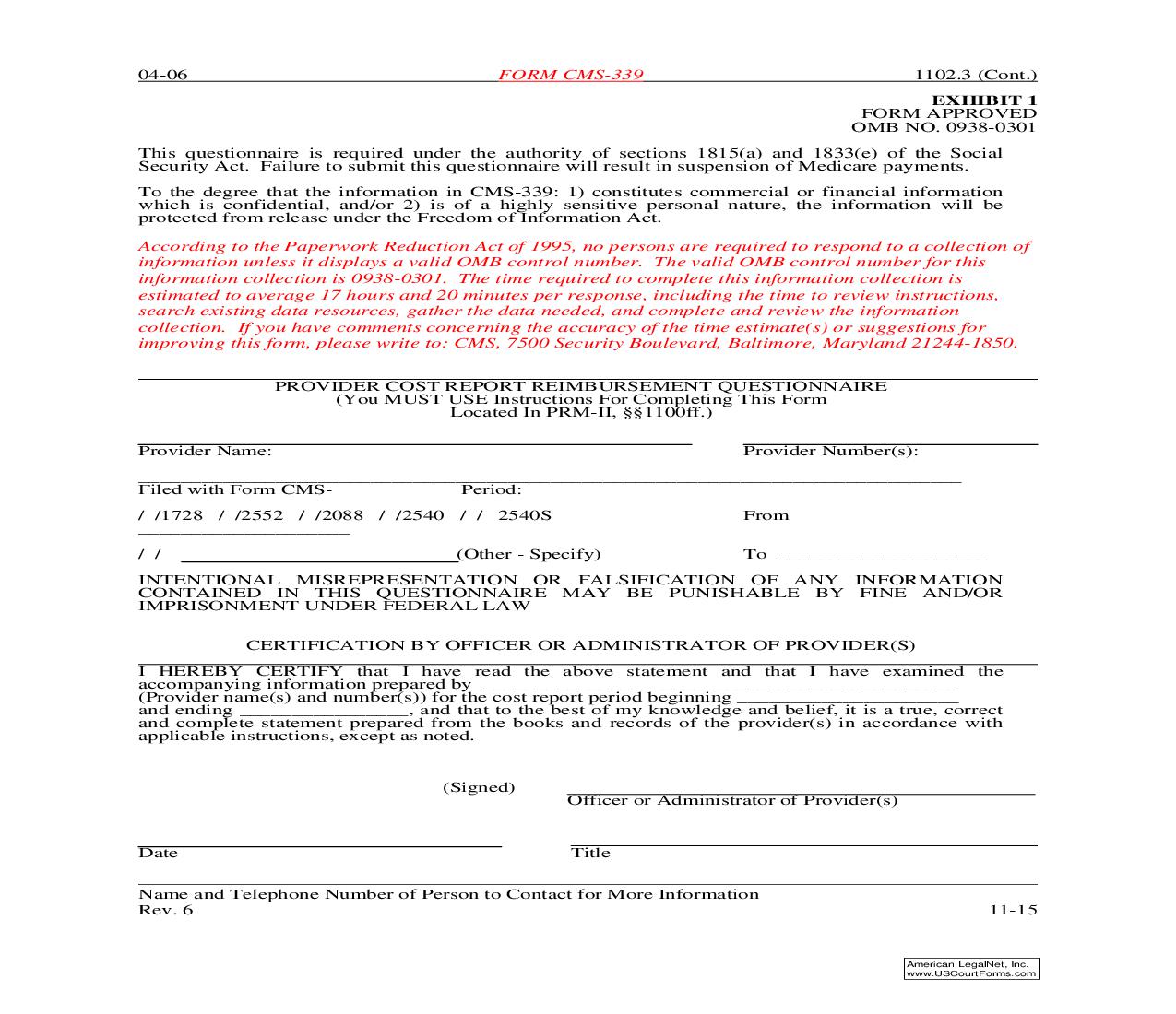 Provider Cost Report Reimbursment Questionaire {CMS-339} | Pdf Fpdf Doc Docx | Official Federal Forms
