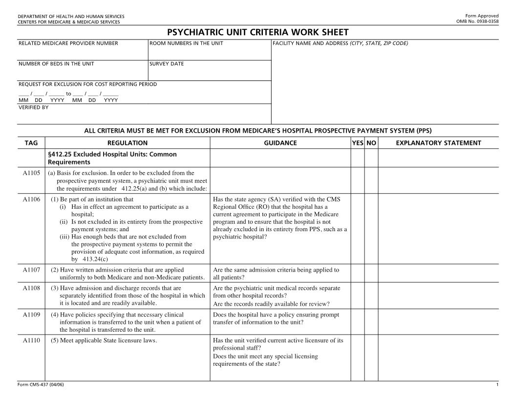 Psychiatric Unit Criteria Work Sheet {CMS-437} | Pdf Fpdf Doc Docx | Official Federal Forms