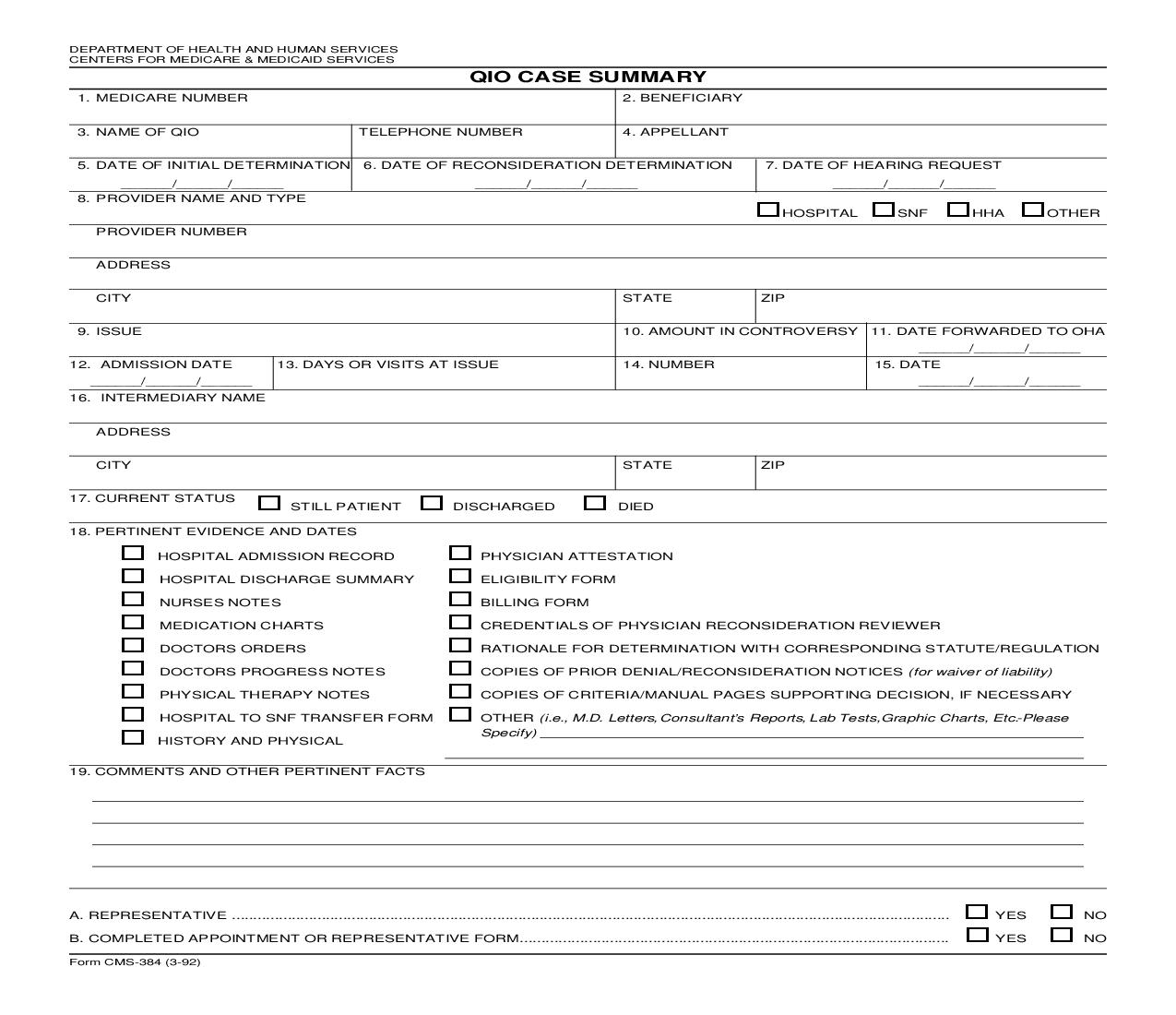 QIO Case Summary {CMS-384} | Pdf Fpdf Doc Docx | Official Federal Forms
