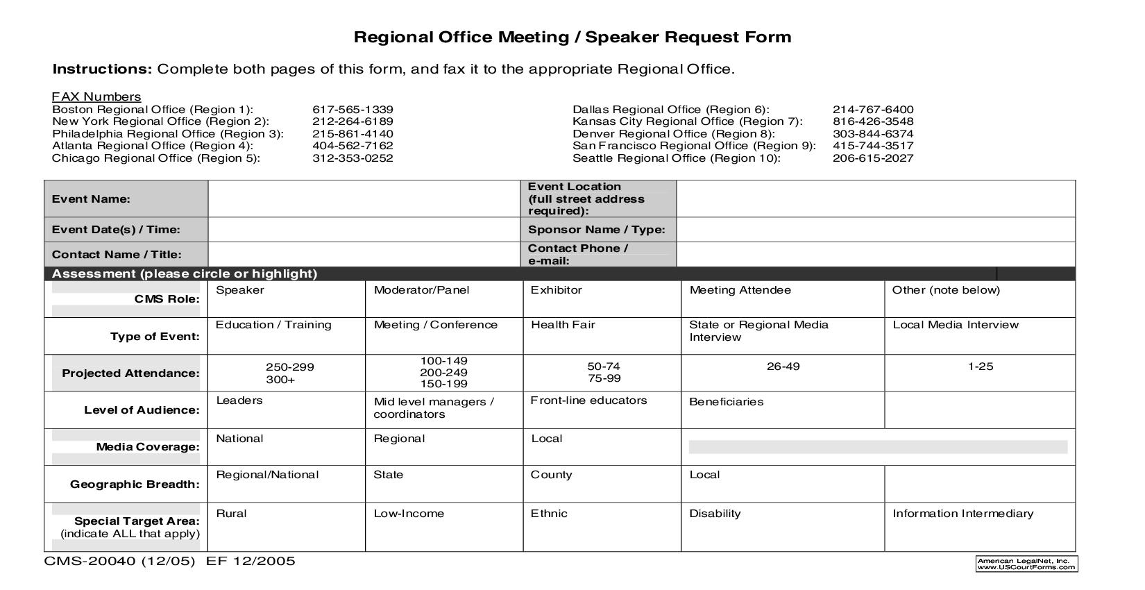 Regional Office Meeting-Speaker Request Form {CMS-20040} | Pdf Fpdf Doc Docx | Official Federal Forms