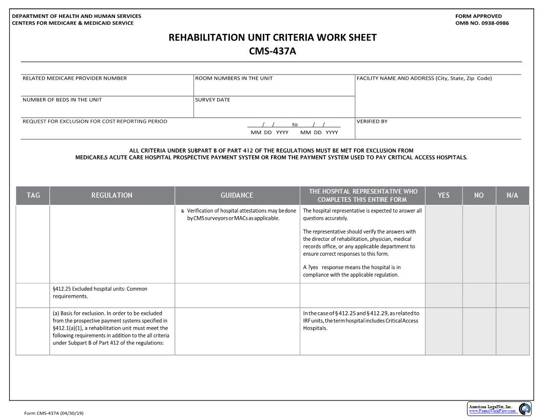 Rehab Unit Criteria Worksheet {CMS-437A} | Pdf Fpdf Docx | Official Federal Forms