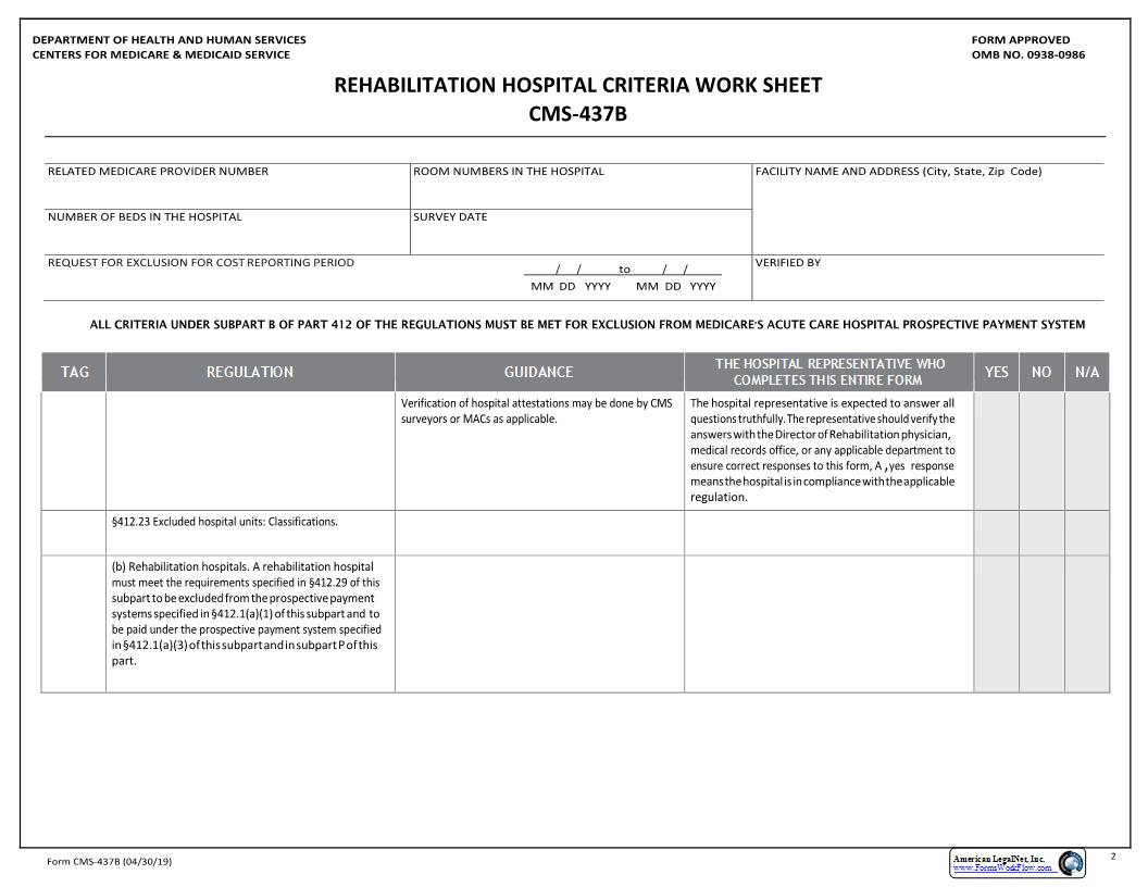 Rehabilitation Hospital Work Sheet {CMS-437B} | Pdf Fpdf Docx | Official Federal Forms