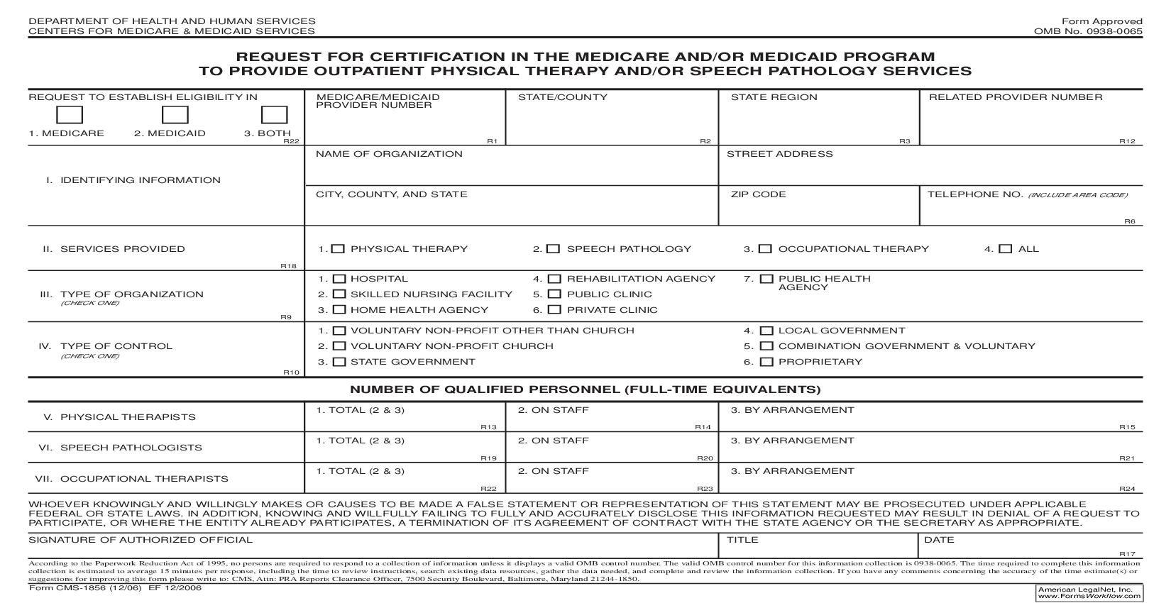 Request For Certification In The Medicare And-Or Medicaid Program To Provide Outpatient Physical Therapy {CMS-1856} | Pdf Fpdf Doc Docx | Official Federal Forms