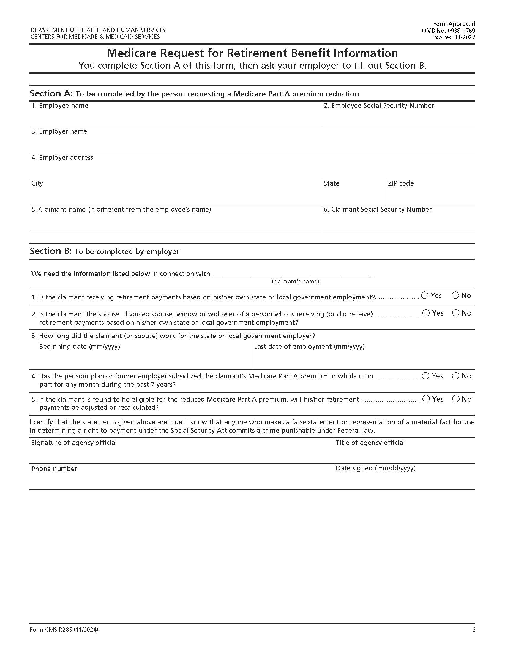 Request For Retirement Benefit Information {CMS-R285} | Pdf Fpdf Docx | Official Federal Forms