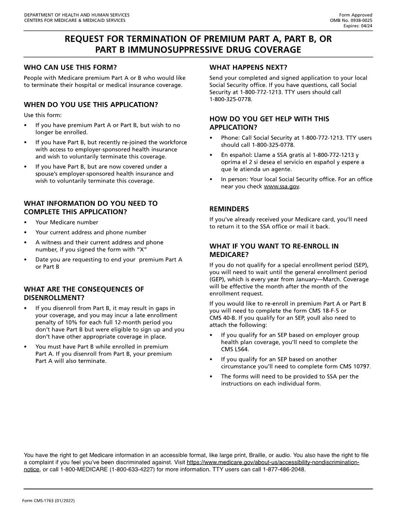 Request For Termination Of Premium Hospital Insurance Of Supplementary Medical Insurance {CMS-1763} | Pdf Fpdf Docx | Official Federal Forms