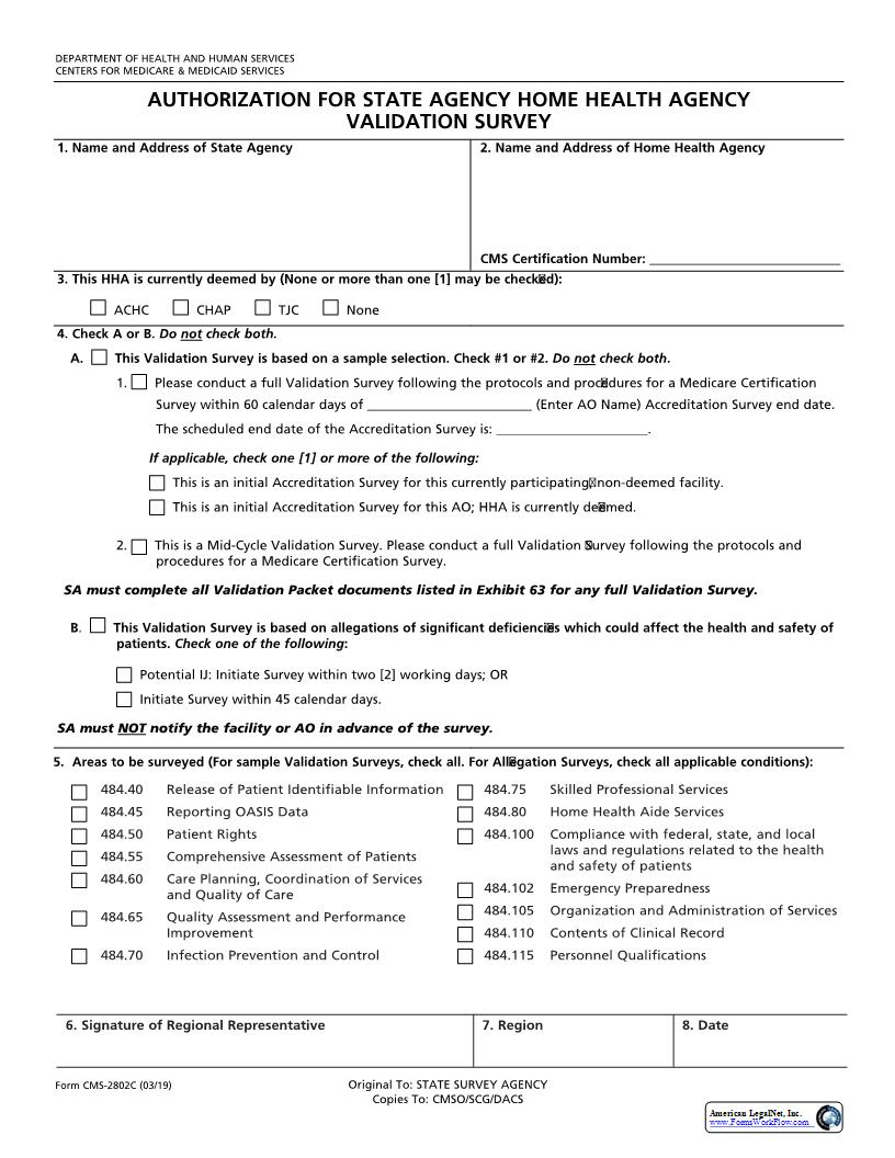 Request For Validation Of Accrediation Survey For  Home Health Agency {CMS-2802C} | Pdf Fpdf Docx | Official Federal Forms