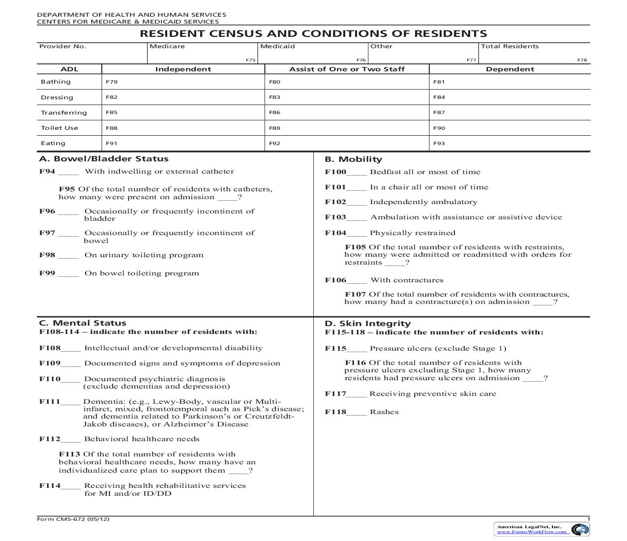 Resident Census And Conditions Of Residents {CMS-672} | Pdf Fpdf Doc Docx | Official Federal Forms
