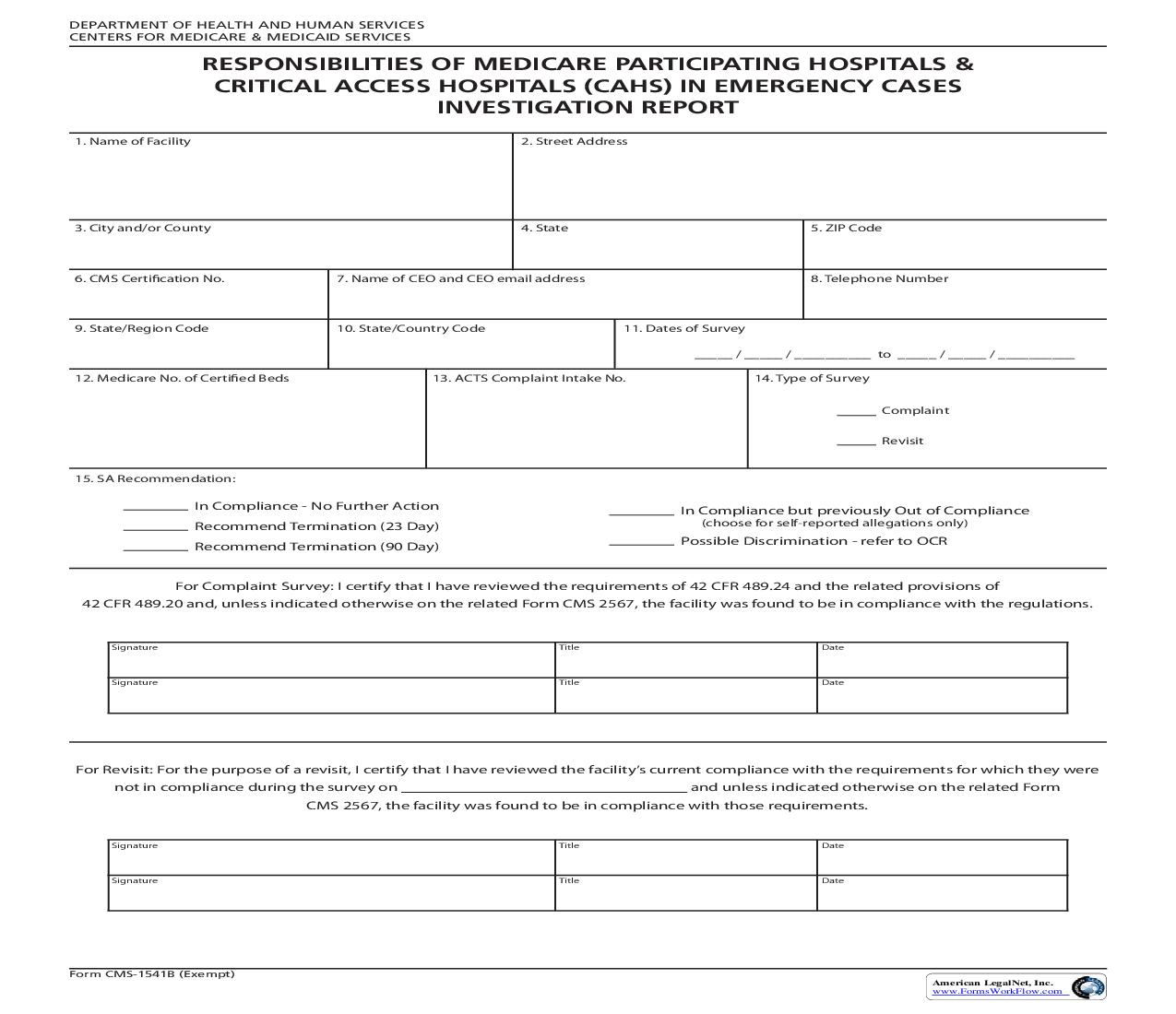 Responsibilites Of Medicare Participating Hospitals In Emergency Cases Investigation {CMS-1541B} | Pdf Fpdf Doc Docx | Official Federal Forms