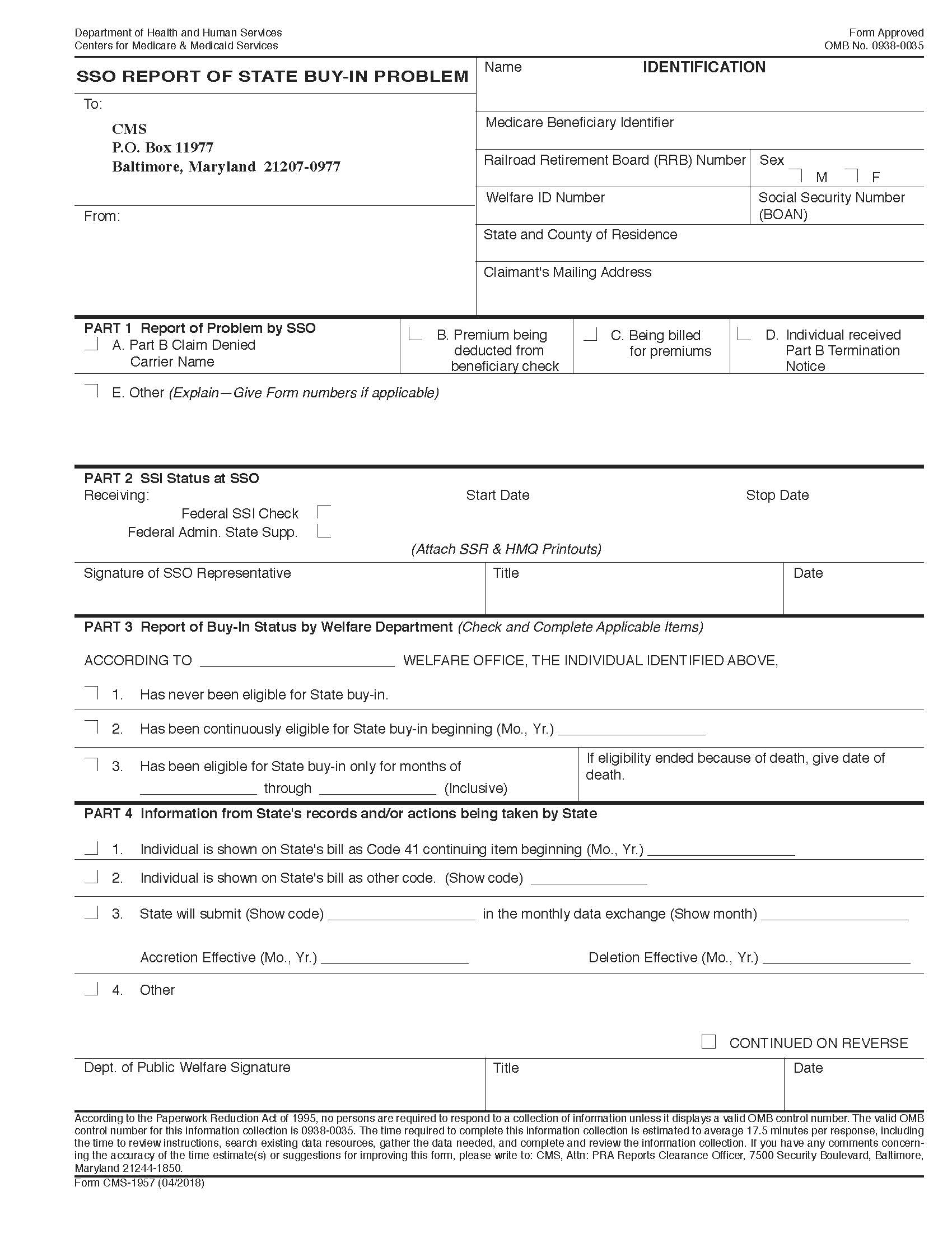 SSO Report Of State Buy In Program {CMS-1957} | Pdf Fpdf Docx | Official Federal Forms