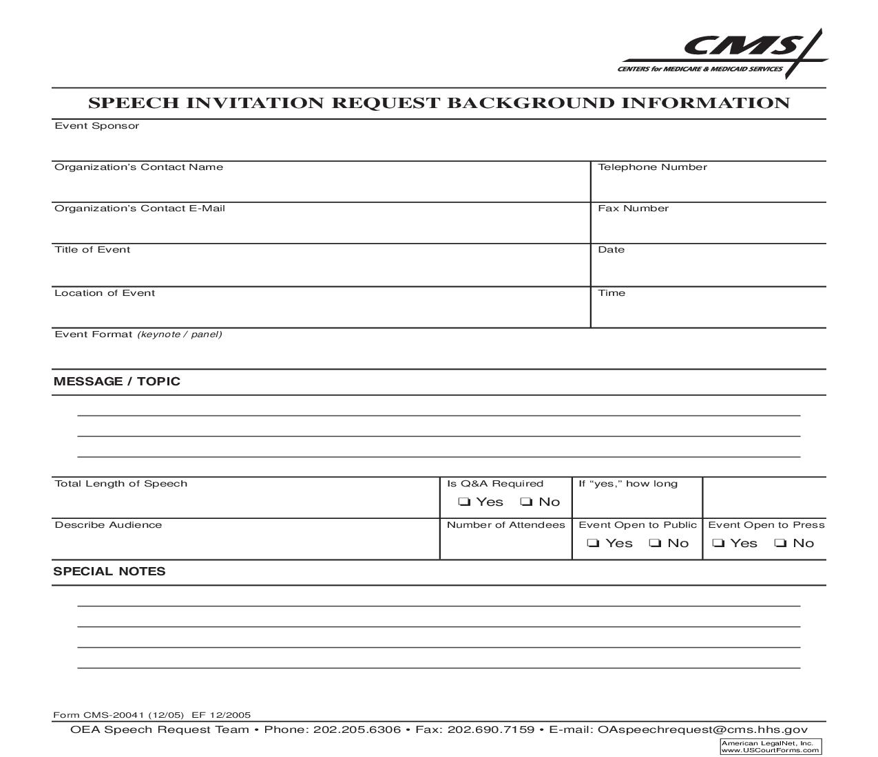 Speech Invitation Request Background Information {CMS 20041} | Pdf Fpdf Doc Docx | Official Federal Forms