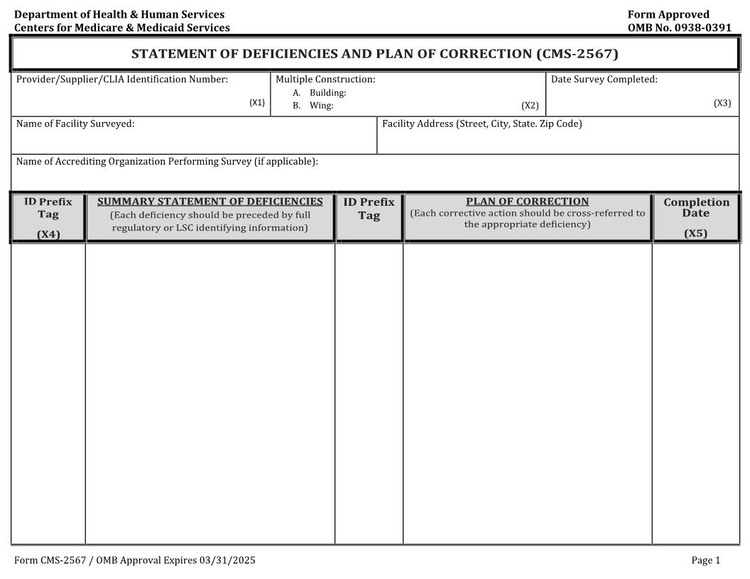 Statement Of Deficiencies And Plan Of Correction {CMS-2567} | Pdf Fpdf Doc Docx | Official Federal Forms