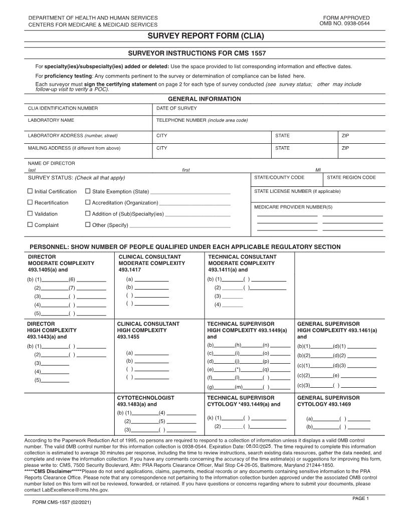 Survey Report Form (CLIA) {CMS-1557} | Pdf Fpdf Docx | Official Federal Forms