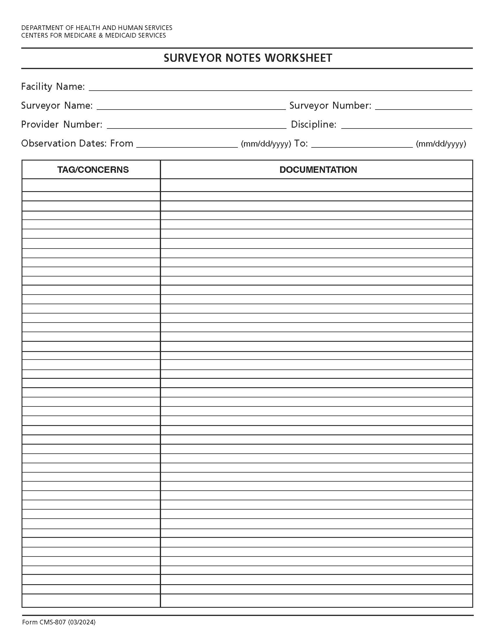 Surveyor Notes Worksheet {CMS-807} | Pdf Fpdf Doc Docx | Official Federal Forms